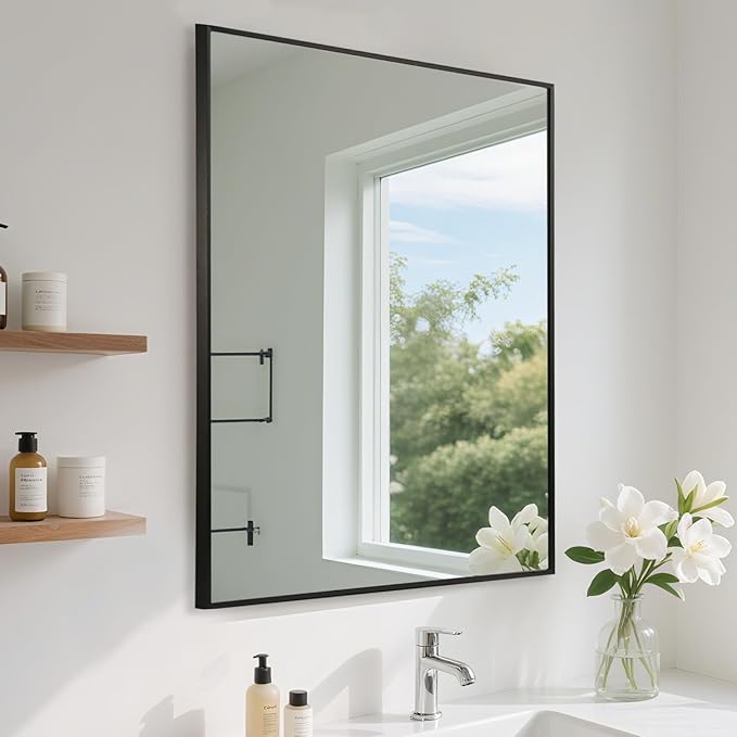 FARMER 20x30 Inch Black Bathroom Mirror, Rectangle Wall Mounted Mirror, Vanity Mirror, Brushed Square Mirror, Framed Bathroom Mirror for Bedrooms, Entryways, Living Rooms, Horizontal/Vertical
