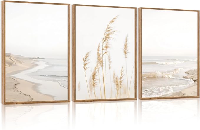 HPNIUB Modern Beach Artwork Seascape Wall Art, Seaside Framed Painting Reed Pathway Picture, Minimalist Neutral Coastal Landscape Wall Decor for Living Room,Bathroom -16'' x24'' x3