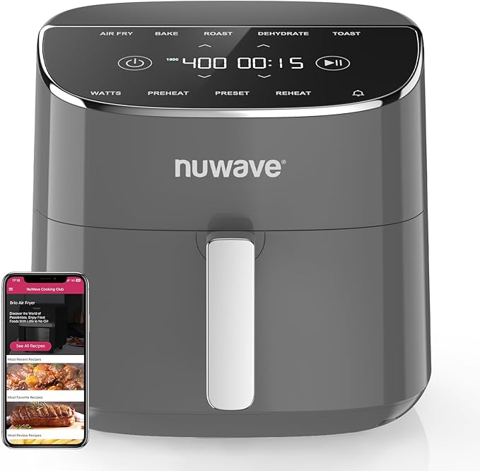 Nuwave Brio Plus Air Fryer 8 Qt, New & Improved, PFAS-FREE, 7 Digital One-Touch Cook Functions that AIR FRY, BAKE, ROAST, DEHYDRATE, TOAST, REHEAT, PREHEAT, 150 Presets, 50°F~400°F (Cool Gray)