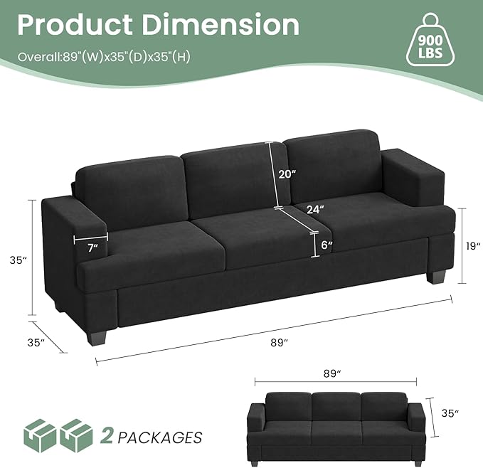 Sofa, 89" 3-Seater Deep Seat Sofa, Modern Comfy Couches for Living Room Apartment Lounge, Dark Grey Chenille