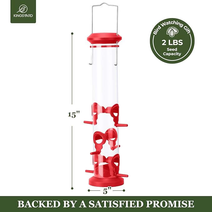 Kingsyard 2 Pack Tube Bird Feeders for Outdoors Hanging, Premium Hard Plastic Bird Feeder with 6 Feeding Ports, Weatherproof & Steel Hanger, Attracting for Wild Birds (Red)