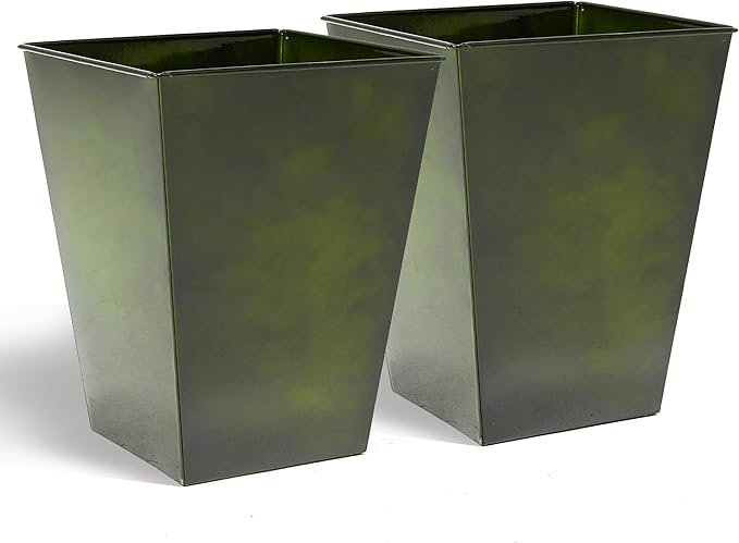 KOL 18''H. Bright Glazed Planter with Drainage Hole, Set of 2, Galvanized Steel Planter Pots for Indoor & Outdoor Use, Decorative Flower Plant Pots for Front Porch, Patio, Deck - Green