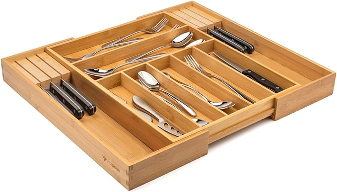 Bamboo Drawer Organizer with Knife Blocks - Silverware Organizer & Utensil Drawer Organizer, Cutlery Tray with Dividers, 7-9 Slots- Premium Kitchen Organizer for Utensils & Flatware (Natural)