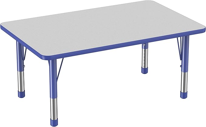 FDP Rectangle Activity School and Classroom Kids Table (30 x 48 inch), Chunky Toddler Legs, Adjustable Height 15-24 inches - Gray Top and Blue Edge