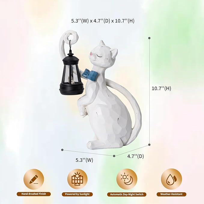 WHIMSYNOOK 10.7" White Cat Solar Garden Light Statue – Outdoor Garden & Yard Decor, LED Lantern, Gift for Cat Lovers