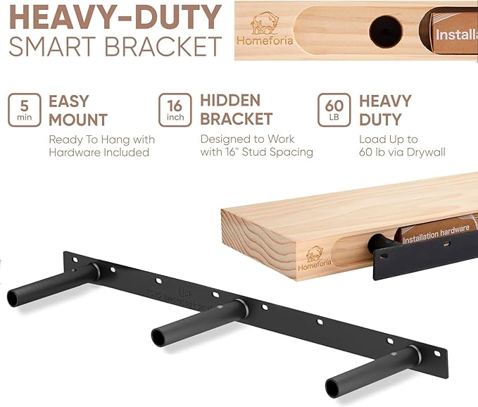Homeforia Floating White Shelf 60 inches, High End Solid Real Wood 60inch Long Floating Shelves for Wall Mounted, White Wooden 60in Floating Shelves, Heavy Duty Bracket, 60 X 6.5 X 1.75 inch, Set of 2