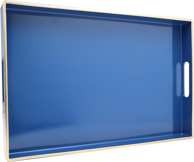 Spsyrine Blue Decorative Serving Tray with Handles, Elegant Plastic Coffee Table Tray for Ottoman, Living Room, Home Decor 15.6" X 10.2"