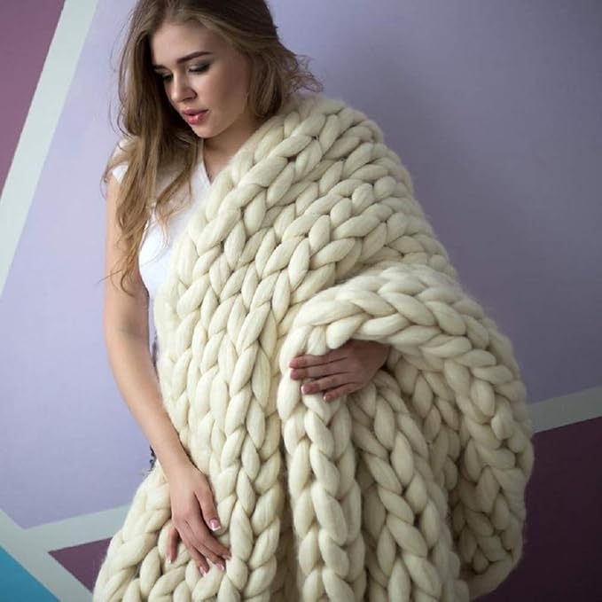 Chunky Knit Blanket Hand Made Merino Wool Throw Boho Bedroom Sofa Home Decor Giant Yarn(Ivory White 80"x80")