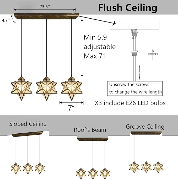 Glass Glam Chandelier 3 Lights Star Pendants Light Fixture for Dining Table Kitchen Island Modern Ceiling Hanging Lights Included LED Warm Light Bulbs Oiled Bronze