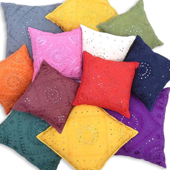 Eyes of India Embroidered Decorative Boho Throw Pillow Cover with Mirrors, Handmade Bohemian Accent Cushion Case for Sofa Couch Bedroom Living Room (Pink, 16" x 16")