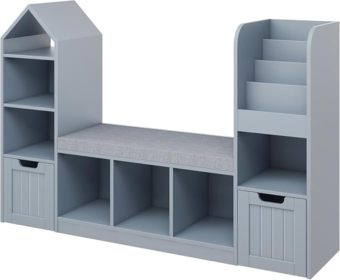 Vabches Toy Storage Organizer for Kids Bookshelf with Reading Nook, Multifunctional Bookcase with 7 Storage Cubbies, 2 Movable Drawers and Seat Cushion for Keeping Kids' Toys Books Organized, Grey