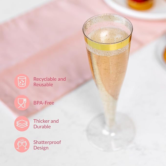 Prestee Set of 24 Plastic Champagne Flutes with Gold Rim - 4.5 oz - Shatterproof Disposable Glasses for Weddings, Cocktail Parties, and Outdoor Celebrations