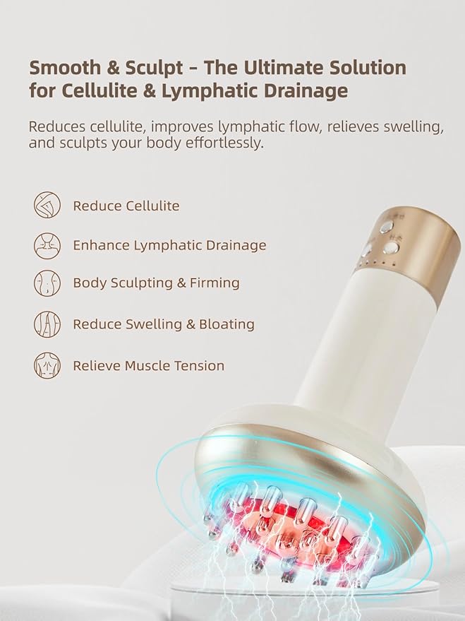Lymphatic Drainage Massager & Anti Cellulite Massage Tool, Reduce Stretch Marks & Cellulite, for Legs, Arms & Belly, Body Sculpting Machine with Microcurrent, Light, Heat & Vibration,White