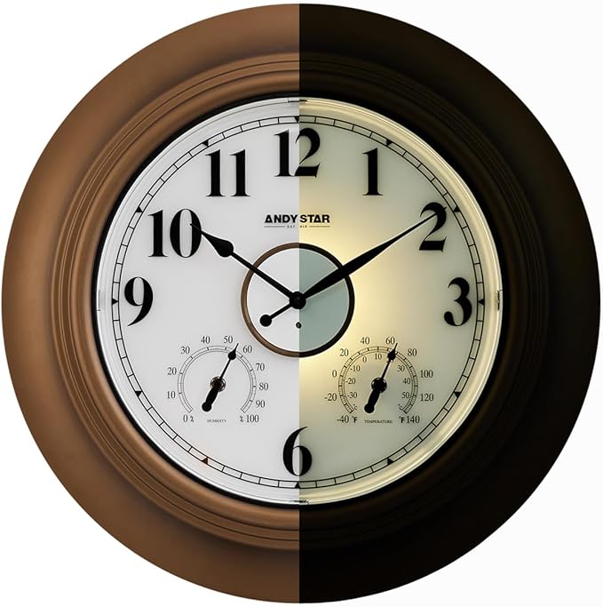 Andy Star 21 Inch Large Luminous Outdoor Wall Clock Waterproof with Temperature, Vintage Round Wall Clocks Battery, Oversized Pool Clock for Garden Patio Rustic Bronze Finish Silent Non Ticking Clock