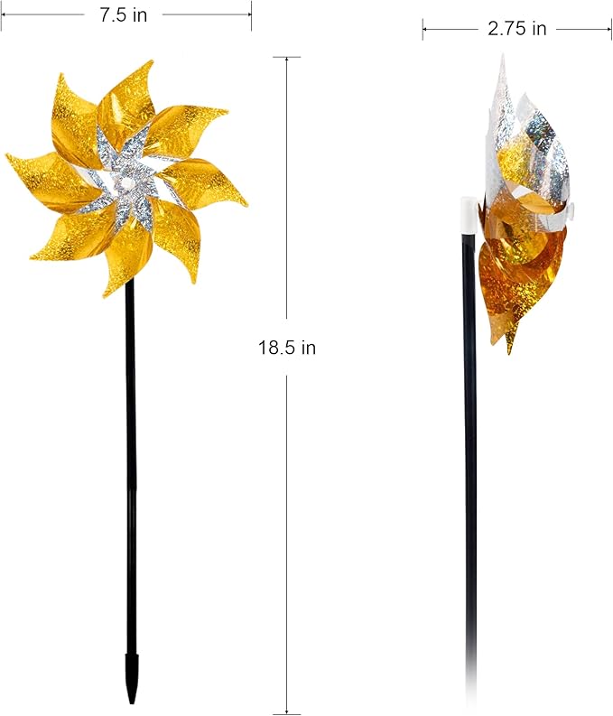 Hausse 10 Pack Reflective Pinwheels with Stakes, Extra Sparkly Pin Wheel for Garden Decor, Bird Repellent Devices Deterrent to Scare Birds Away from Yard Patio Farm, Golden