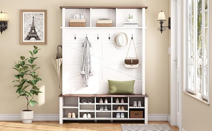 Ball & Cast 4-in-1 Hall Tree with 6 Hooks,Walnut Entryway Bench with Adjustable Shelves,Rustic Shoe Organizer with 16 Open Compartments,for Mudroom,Living Room,Hallway,White