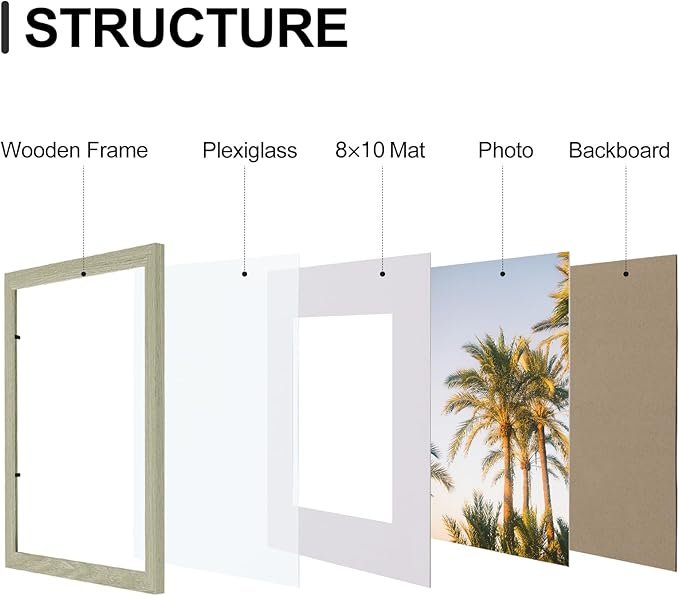 Vittanly 11x14 Picture Frames Set of 9, Shatter Resistant Plexiglass, Display 8x10 Pictures with Mat or 11x14 without Mat, Photo Frames for Wall or Tabletop, Engineered Wood, Driftwood