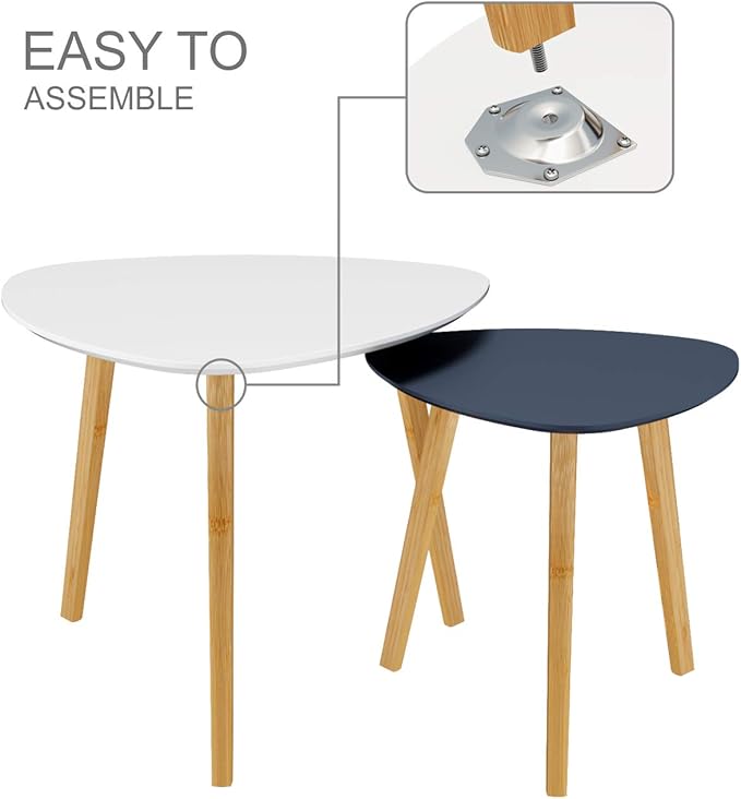 BAMEOS Bamboo Nesting Triangle End Table,Set of 2 Coffee Table Modern Minimalist Side Table for Living Room, Balcony in White & Grey