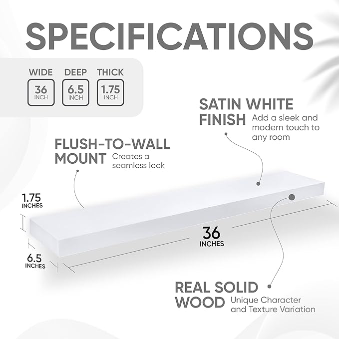 Homeforia White Floating Shelves 36 inch, High End Solid Real Wood 36inch Floating Shelf for Wall Mounted, White Wooden 36in Long Floating Shelves, Heavy Duty Bracket, 36 X 6.5 X 1.75 inches, Set of 2