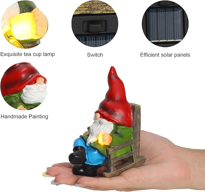 Garden Gnome Statue Solar Light Miniature Outdoor Decor Gnome Figurine for Outdoor Indoor Home Lawn Yard Balcony Porch Patio for Women Mom Grandma 3.54"x2.36"x4.72"