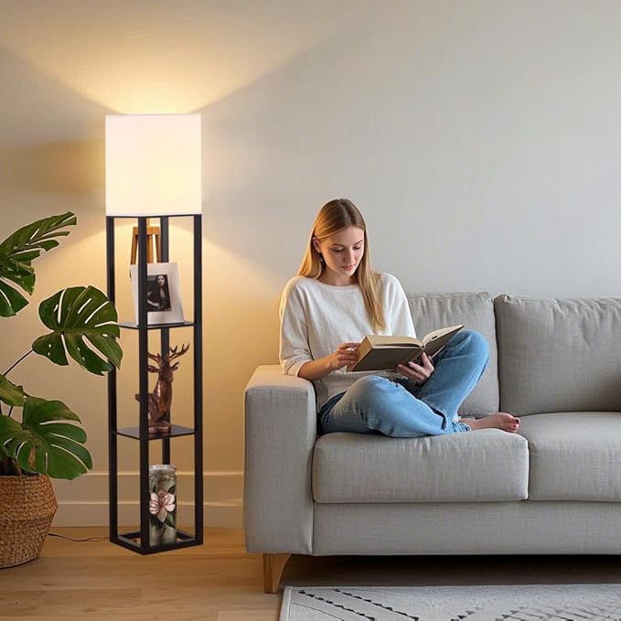 HomeFocus - Floor Lamp with Shelves,Shelf Floor Lamp with LED Bulb,Bookshelf Corner Display Lamp for Living Room,Bedroom and Office,White Linen Shade,Rustic Wood,Black