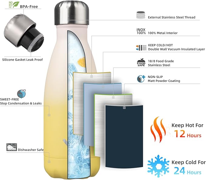 Insulated Water Bottles,12 oz Double Wall Stainless Steel Vacumm Metal Flask for Sports Travel,Lemon