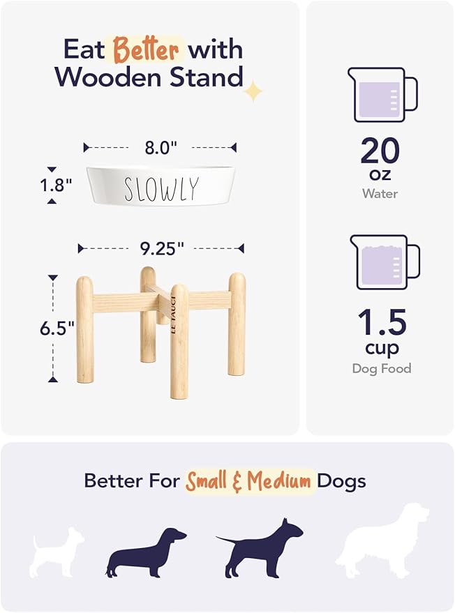 Ceramic Slow Feeder Dog Bowls Elevated for Small and Medium Breed with Wooden Stand, 1.5 Cups Dog Dishes to Slow Down Eating, Anti-Gulping Pet Feeding Dishes,White