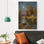 Small house by the stream under the moonlight tranquil style suitable for living room bedroom and office landscape poster wall art
