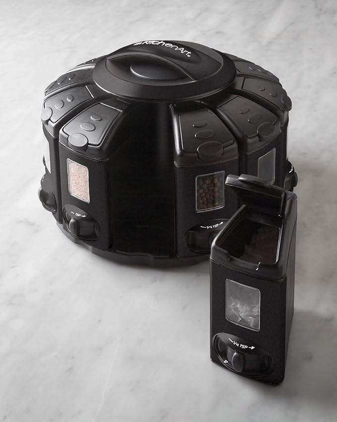 Kitchen Art Select-A-Spice Auto-Measure Pro Carousel 12 Compartments Spice Rack, Black 9.5 x 9.5 x 6.5 inches