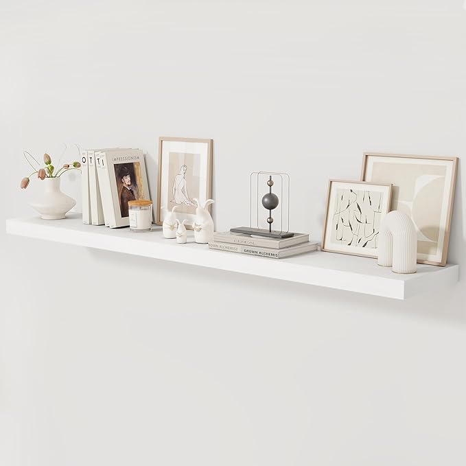 Fun Memories 72 Inch Floating Shelf, 12 Inch Deep Wall Shelf for Fireplace Mantel, Deep Storage Shelves for Home & Office, Wall Shelves with Invisible Bracket, White, Set of 1