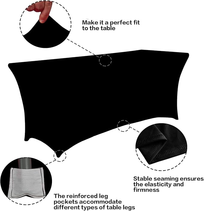 IVAPUPU 2 Pack 4FT Table Cloth for Rectangular Fitted Events Stretch Black Table Covers Washable Spandex Spring Tablecloth Protector for Party, Wedding, Cocktail, Banquet, Festival