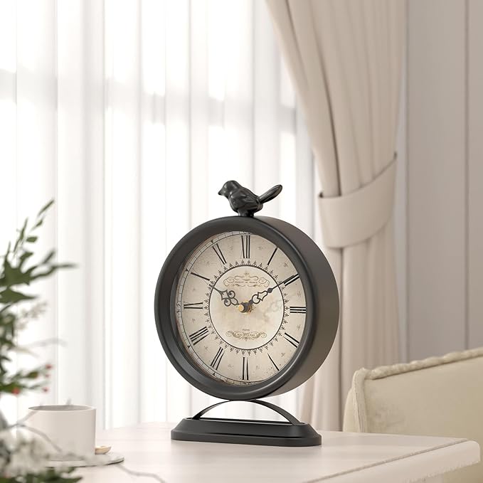 Vintage Table Clock with Bird, European Antique Style Black Mantel Clocks, Desk and Shelf Decor Clock, for Farmhouse, Bedside, Living Room, Bedroom, Gift (9" H x 6.5" W)