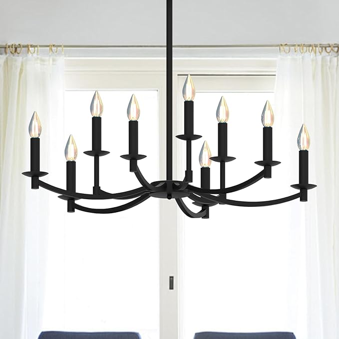 Round Black Chandeliers, Modern Candle Hanging Lights, LED Pendant Lighting Ceiling for Dining Room Bedroom Kitchen Island Farmhouse Living Room (Black-A 9Lights)