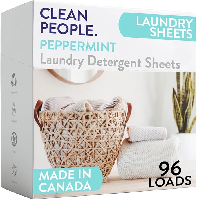 The Clean People Laundry Detergent Sheets - Laundry Soap - Ultra Concentrated, Recyclable Packaging, Stain Fighting - Peppermint, 96 Pack