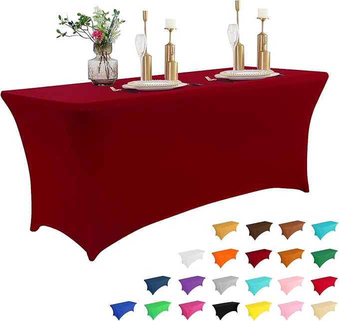 IVAPUPU 6FT Table Cloth for Rectangular Fitted Events Stretch Burgundy Table Covers Washable Cover Spandex Tablecloth Protector for Party, Wedding, Cocktail, Banquet, Festival
