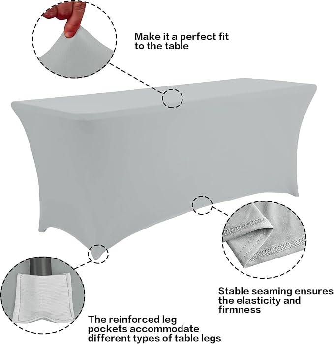 IVAPUPU 2 Pack 4FT Table Cloth for Rectangular Fitted Events Stretch Grey Table Covers Washable Cover Spandex Tablecloth Protector for Party, Wedding, Cocktail, Banquet, Festival