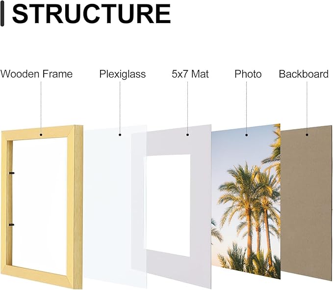 Vittanly 8x10 Picture Frames Set of 9, Shatter Resistant Plexiglass, Display 5x7 Pictures with Mat or 8x10 without Mat, Photo Frames for Wall or Tabletop, Engineered Wood, Gold