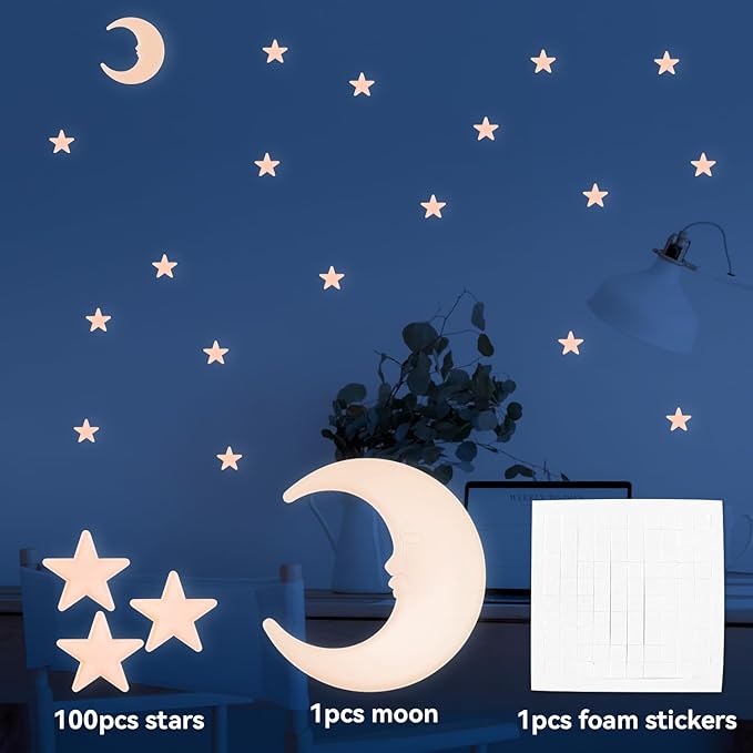 100 Stars and 1 Moon Glow in The Dark Luminous Fluorescent 3D Plastic Glow Stars Moon for Ceiling, Glowing Wall Stickers Create a Realistic Starry Sky, Room Decorations (Pink)
