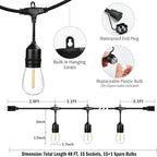 48FT Outdoor String Lights LED Heavy-Duty Waterproof Patio Lights with 16 Shatterproof Plastic 2200K Warm White Bulbs for Patio Gazebo Pergola Cafe Market Bistro