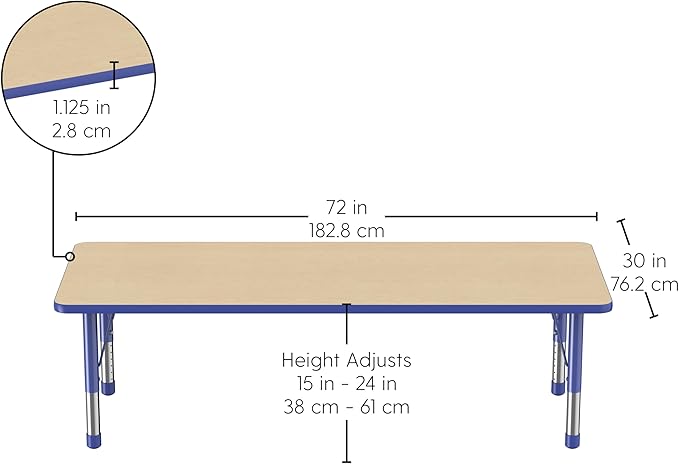 FDP Rectangle Activity School and Classroom Kids Table (30 x 72 inch), Chunky Toddler Leg, Adjustable Height 15-24 inches - Maple Top and Blue Edge