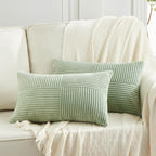 Fancy Homi 2 Packs Sage Green Lumbar Decorative Throw Pillow Covers 12x20 Inch for Living Room Couch Bed, Rustic Farmhouse Boho Home Decor, Soft Striped Corduroy Rectangle Accent Cushion Case 30x50 cm
