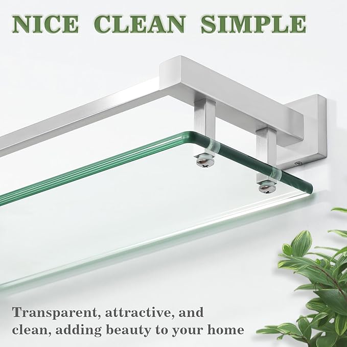 Alise Glass Shelves for Bathroom Wall, Tempered Glass Bathroom Shelf Wall Mounted, Modern Space Saving Floating Shelves 12 inch, Brushed Nickel