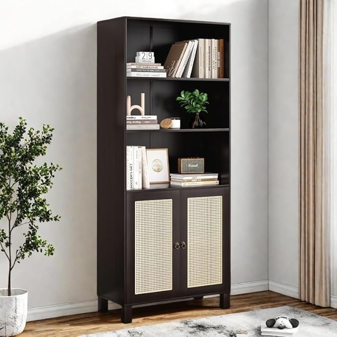 Tall Bookshelf, 5-Tier Book Shelf with 2 Rattan Doors, Freestanding Bookcase Display Shelves with Large Storage, Book Case for Living Room, Office, Study, Bedroom, 70.9 Inch
