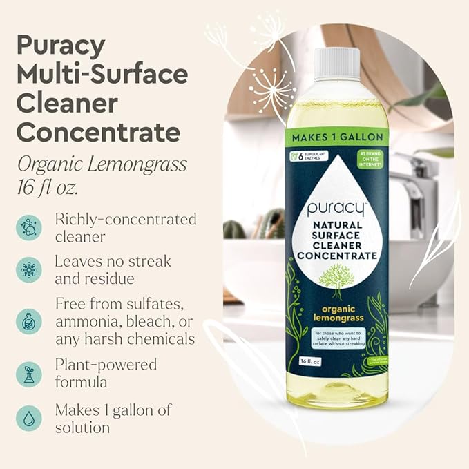 Puracy Multi-Surface Cleaner Concentrate - Plant-Powered Everyday Surface Cleaner - Natural All Purpose Cleaning Solution As Seen on TikTok (Organic Lemongrass, 16 fl oz)