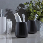 Matte Black Toothbrush Holders for Bathroom - 2Pcs Ceramic Tooth Brushing Holder Set, Toothpaste Holder, Reusable Toothbrush Mouthwash Cups, Space-Saving Design for Bathroom Countertop
