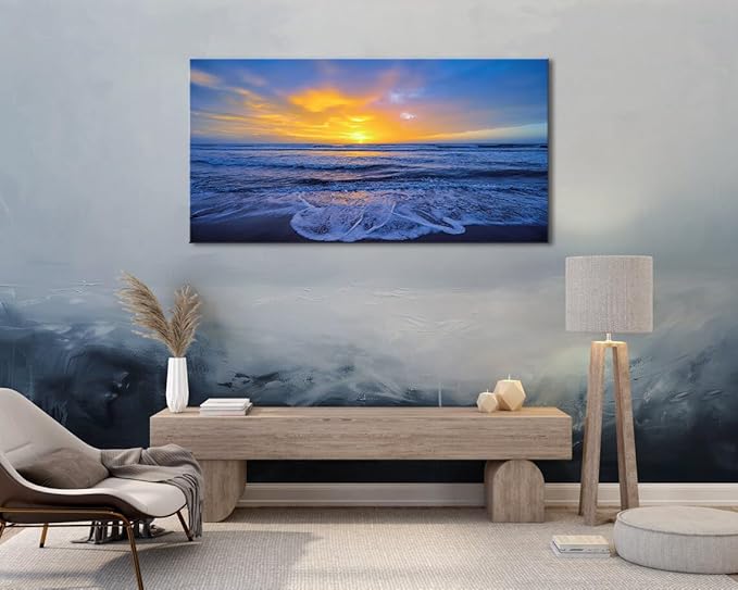 Wall Art Decor Large Sunset Canvas Print Picture Sunrise Ocean Beach Waves Scenery Modern Painting Artwork for Home Office Living Room Bedroom Decoration Framed Ready to Hang, 20x40Inch