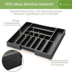 Purawood Bamboo Drawer Organizer - Expandable Silverware Organizer & Utensil Organizer, Cutlery Tray with Dividers, 7-9 Slots - Premium Kitchen Drawer Organizer for Utensils & Flatware (Black)