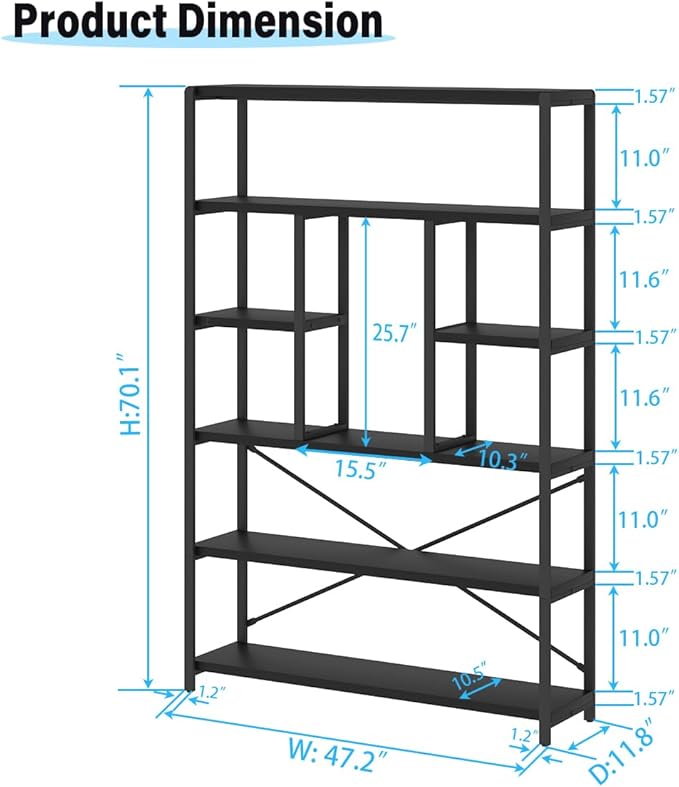 LVB 6 Tier Tall Black Bookshelf, Modern Large Wide Book Rack Storage, Industrial Wood Metal Etagere 6 Shelf Bookcase, Farmhouse Open Display Book Shelf Organizer for Bedroom Living Room Office, Black