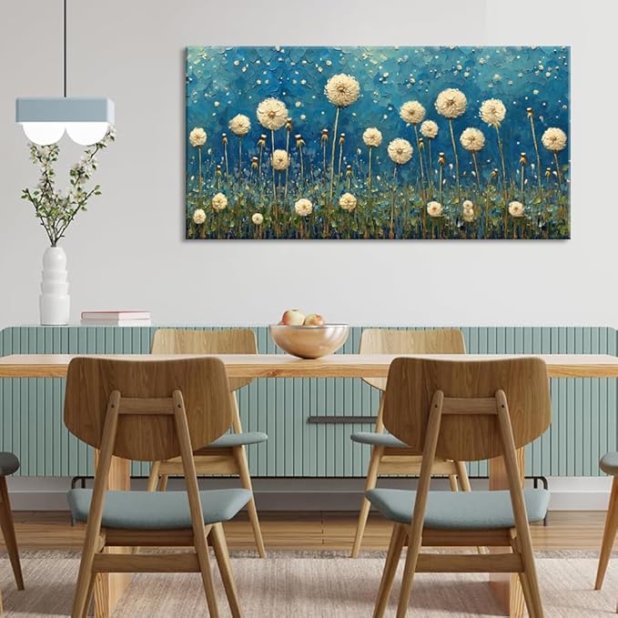 LASMOND Teal Dandelion Wall Art for Living Room Abstract Blowball Canvas Painting Prints Large Flower Floral Grassland Bedroom Decoration Modern Artwork Decor (40x20 Inches)