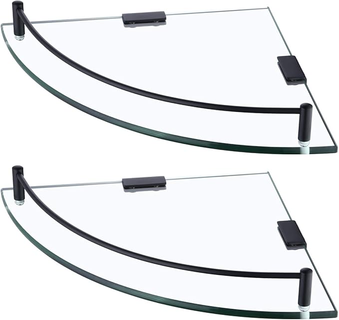 KES Bathroom Glass Corner Shelf Tempered Glass Shelf with Rail Wall Mount Corner Shelf SUS 304 Stainless Steel Matte Black 2 Pack, BGS2101A-BK-P2